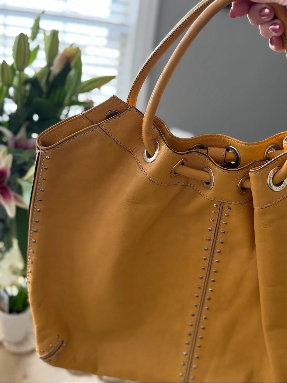 Women’s Mustard Yellow Leather Tote Bag with Stud Detail